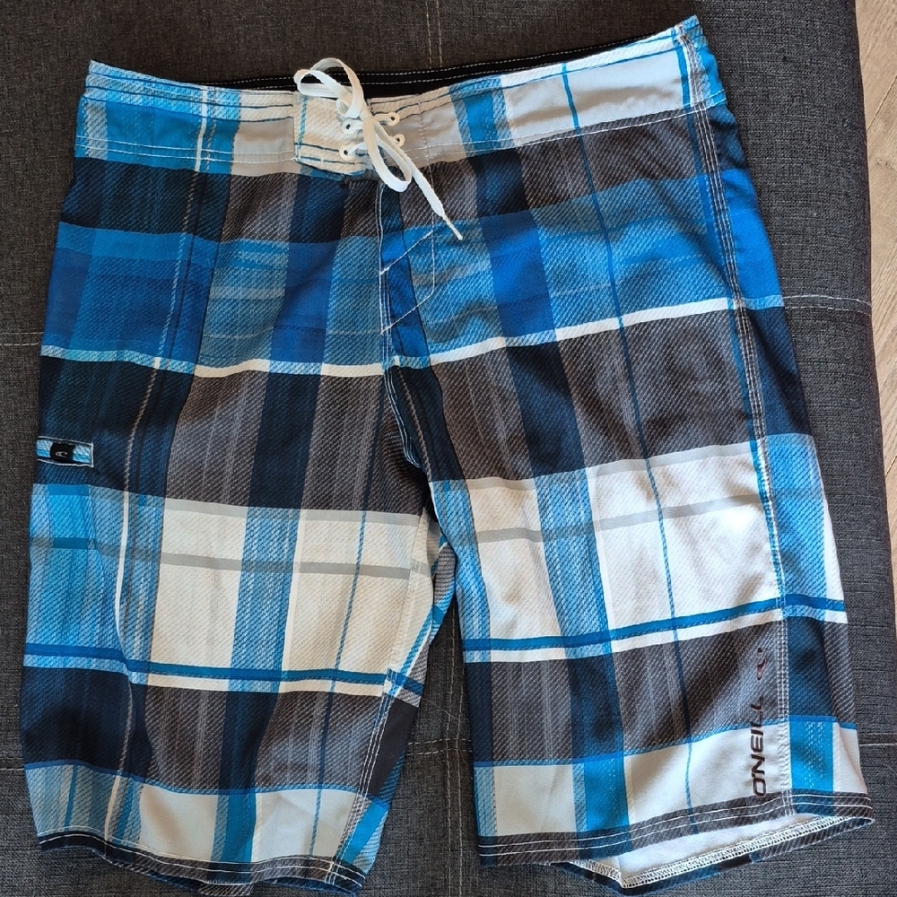 O'Neill Blue and White Board Shorts Modern Plaid Design